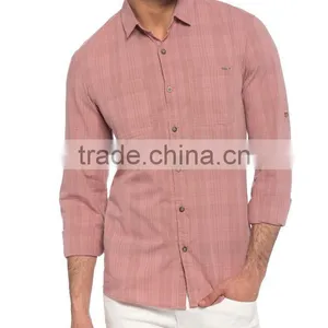 Pink Check Super Skinny Sheer Long Sleeve Buttonless Khaki Men Shirt thumbnail-1
