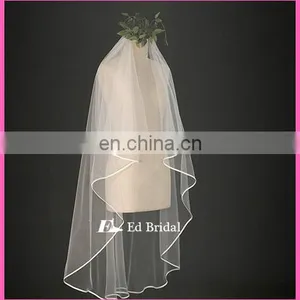 A04 Elegant Short And Long Ribbon Trim Two Layers Cheap Wholesale Bridal Veil Wedding thumbnail-3