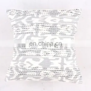 White Floral Kantha Cushion Cover Kantha Throw Indian Cotton Handmade Pillow Cover Ethnic Art Decorative thumbnail-1