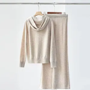 Women's 100% Cashmere Suit Hooded Zipper Coat Knitted Sweater Wide-leg Pants Two-piece Set for Autumn and Winter thumbnail-3