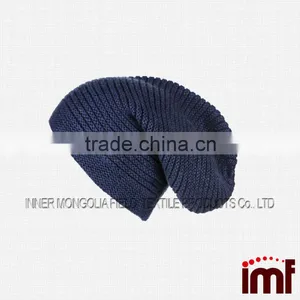 Midnight Navy Blue Chunky Rib Knit Cashmere Slouch Beanie thumbnail-1