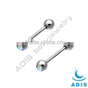 16G Titanium Tongue Straight Barbell Tongue Ring With Clear Crystal thumbnail-1