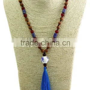 Unisex Women Wooden Beaded Necklace Gemstone Pendant Necklace With Tassel thumbnail-1