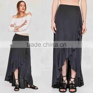 Women Fashion Plain Dyed Spandex Cotton Fashion Summer Ruffle Wrap Long Jersey Maxi Skirt thumbnail-1
