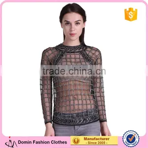Domin Fashion Wholesale Beading Design Ladies Tops Images thumbnail-1