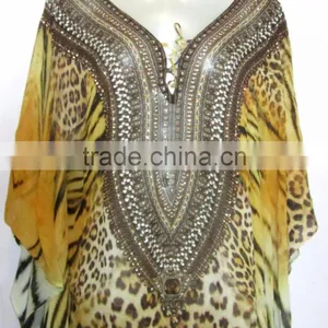 Brown Leopard Print Crystal Embellished Tie up Kaftan CAFTAN Tunic Poncho Blouse thumbnail-4