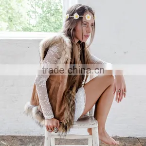 SJ185-01 2016 Big Raccoon Collar With Suede Vest for Women thumbnail-1