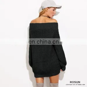 Women Black V Neck Drop Shoulder Chunky Knit Sweater Dress thumbnail-3