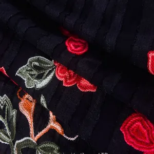 Chinese Red Rose Velvet Satin Embroidery Lace Fabric for Wedding Dress thumbnail-2