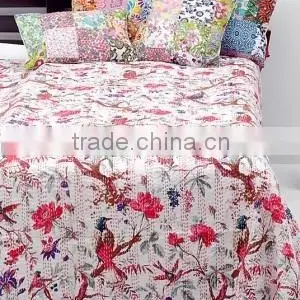 New Bird Print Kantha Quilt Handstiched Kantha Work Bed Cover Throw Heavy Vintage Kantha Blanket thumbnail-1