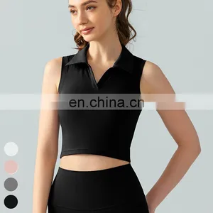 Custom Logo Fixed Pad Vest Slim Thin Breathable Fitness Running Crop Tops Lapel Sleeveless Sports Top Yoga Tank Top For Women thumbnail-4