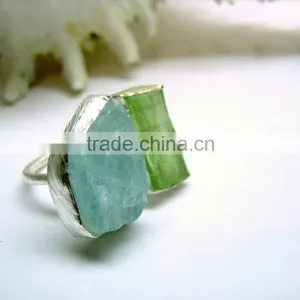 Aquamarine & Green Kyanite Rough Natural Gemstone Ring, 925 Solid Sterling Silver Ring, Designer Raw Bezel Ring thumbnail-3