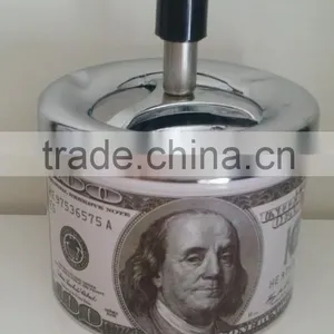 4.5" Round Push Down Ashtray With Spinning Tray New 50 & 100 Dollar Bill thumbnail-2