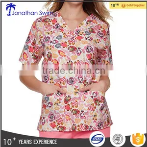 2016 Fashion Pink Printed Rose Design Hospital Scrubs Uniforms thumbnail-1