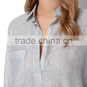 Loose Short Sleeve With Pocket Striped Design Lady Blouse thumbnail-6