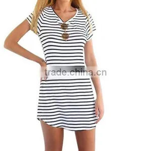 Women V Neck Short Sleeve Striped Loose T-Shirt Mini Dress OEM Service thumbnail-3