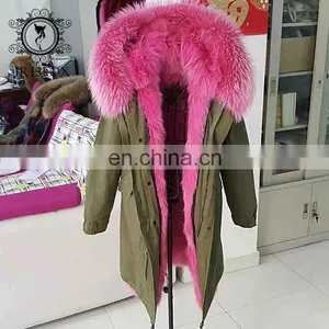 Real Pink Color Fox Fur Parka Wholesale Modern Oversized Fur Trim Coat for Women thumbnail-1