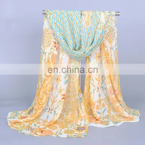 Hijab Women Peacock-olive Pattern Chiffon Silk Scarf Wholesale thumbnail-2