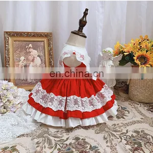 2020 Summer Spanish Lolita Princess Dress Baby Girl Clothes Lace Stitching Red Dress for Girl Birthday Party Vestidos thumbnail-2