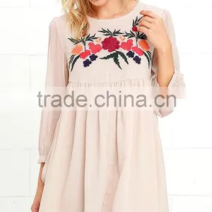 2016 Latest Dress Design 3/4 Sleeves Chiffon Dress With Floral Embroidery Summer Dress thumbnail-2