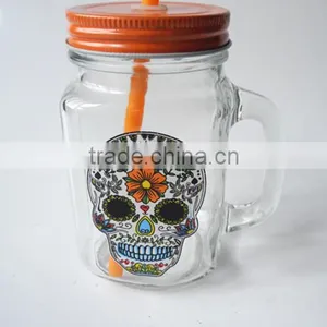 Wholesale Price Skull Head Printing Glass Mason Jar With Handle thumbnail-4