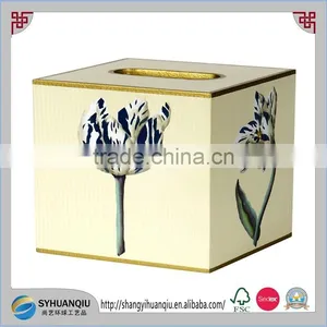 Tissue Box Cover Square Wood Bathroom Accessories Dispenser Wooden Tissure Box Holder Blue Floral CN thumbnail-3