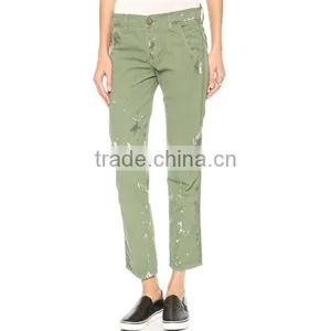 Fashion Lady Green Cropped Paint Splatters Pants Cotton Trousers P0041 thumbnail-1