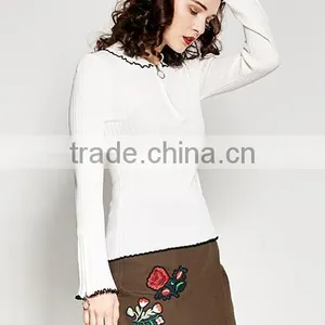 Women's Crew Neck Cotton Free Knitting Pullover Sweater Pattern With Zipper thumbnail-3