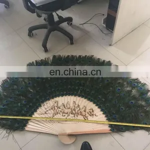 170cm Five Lines Wholesale Natural Peacock Feather Wooden Fan for Party thumbnail-4