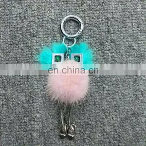 Metal Foot Small Eye Robot Pendant Fur Ball Keychain thumbnail-3