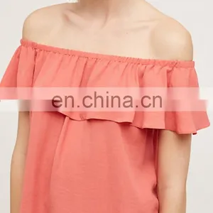 Hot Selling Summer off Shoulder Ruffle Plain Dyed Wholesale Tops For Women 2016 thumbnail-1