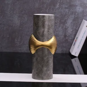 Light Luxury Classcial Grey Leather Gild Convex Ceramic Vase Decor For Dry Fresh Flower thumbnail-3