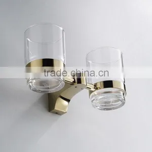 Wall Mount Gold Polished Elegant Bathroom Double Toothbrush Cup Holder Tumbler Holder Glass Cup thumbnail-1
