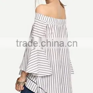 Women's Off The Shoulder Bell Sleeve Striped Blouse thumbnail-3