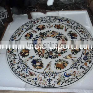 White Round Marble Stone Inlay Dinning Table Top Pietra Dura Table Top thumbnail-5