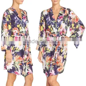 Floral Print Janpanese Kimono Style Robe for Women Long Sleeve Silk Kimono Robes Wholesale Custom Made thumbnail-1