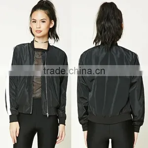 Wholesale Price Boutique Girl Clothing Woven Contrast Sleeve Zipper Front Basic Collar Stripe Lady Fashion Soccer Bomber Jacket thumbnail-1