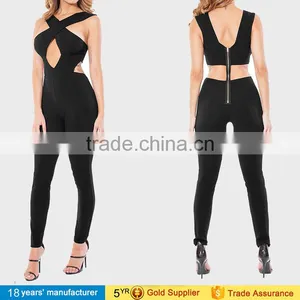 2014 New Women Block Color BLACK WHITE Tie Long Plus Size Wide Leg Soft Elegant Women Stripe Evening Jumpsuit OEM Cheap Bulk thumbnail-5