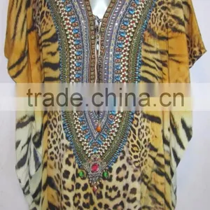 Leopard Print Crystal Embellished Tie up Kaftan CAFTAN Tunic Poncho Blouse thumbnail-1