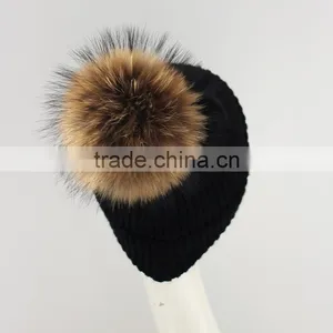 Myfur Letter Embroidery Winter Knitted Beanie Hat Black Unisex Pom Pom Hat thumbnail-2