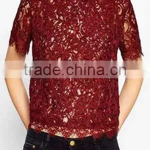 Runwaylover EY2368B Hot Sale 2017 Ladies Hollow Out Shrt Sleeve Lace T-Shirts thumbnail-1