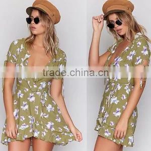 Wrap Over Short Sleeved Sexy Women Dresses Ladies Tie Cuff Floral Casual Dress thumbnail-5