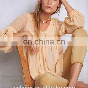 High Quality 3/4 Sleeve Cotton Yarn Babydoll Shirt , Ladies Gauze Shirt thumbnail-6
