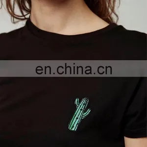 OEM Service Short Sleeve Cotton Casual Embroidered Cactus Lady Black T-shirt thumbnail-4