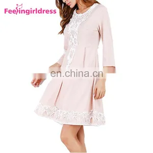 Latest Design Pink Long Sleeve Knee Length One Piece Dresses For Fat Girls thumbnail-3