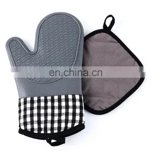 Home Kitchen BBQ Cooking Heat Resistant Oven Mitts Cotton Silicone Material Long Grill BBQ Double Oven Gloves Mitts thumbnail-4