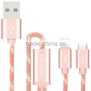 USAMS SJ046 1.2M Nylon Braided 2in1 Cable for Iphone 6/6s/6s Plus 2.1A USB Metal Weave Charging Data Cable for Type-c Device thumbnail-2