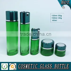 Green Colored Glass Pump Lotion Bottle and Cosmetic Glass Cream Jar thumbnail-1