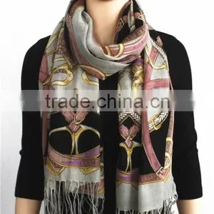 Belt Printed Wool Scarf With Fringe thumbnail-1