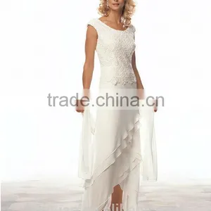 White Lace Layered Chiffon Tea Length Cap Sleeve Dress thumbnail-1